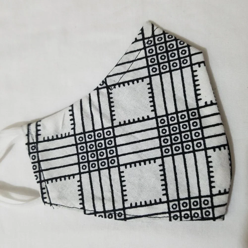 Hand Crafted Face Mask Reversible African Wax Print White and Black Adult Size